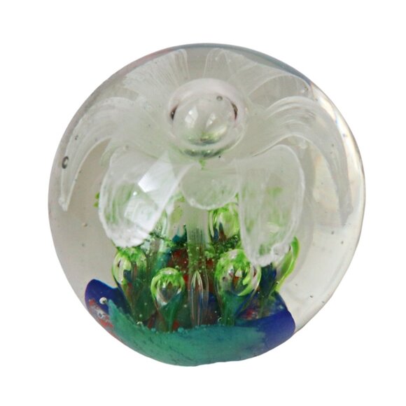 Handblown Art Glass Paperweight With White Flower Design & Multicolor Base - Picture 3 of 7
